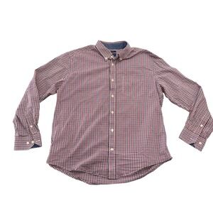 Mason James Mens Large Red Navy Gingham Stretch Button Down Long Sleeve Shirt